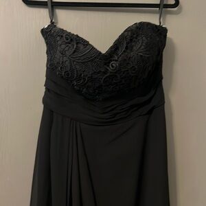 Long Black Formal Dress, Strapless Lace Detail Top with Flowy Layered Bottom